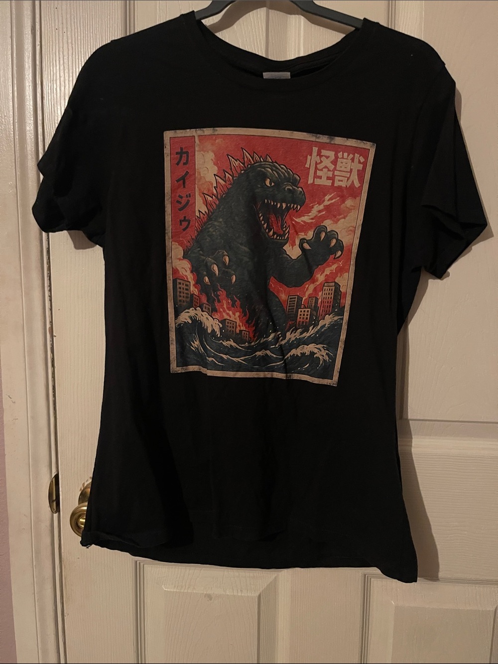 Port and Company Black Godzilla-Style Graphic Tee with Red and Blue Artwork
